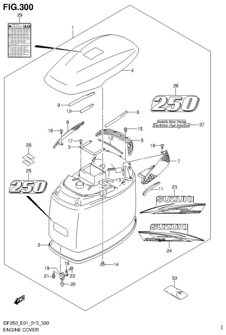 Suzuki DF200T, DF200Z, DF225T, DF225Z, DF250T, DF250Z ENGINE COVER (DF250Z E40) parts diagram